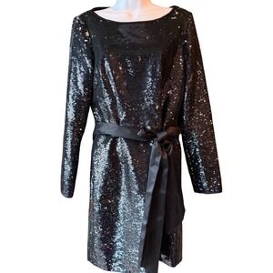 Trina Turk Black Sequin Long Sleeve Belted Cocktail Dress Size‎ 4 Silk Lined